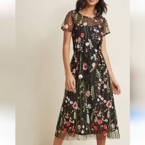 MODCLOTH Women’s Dress Medium Black Pink Floral Overlay Embroidered Midi Sheer